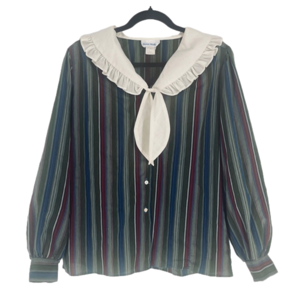1980S Vintage Stripe Shirt Bow Tie Peter Pan Collar Blouse